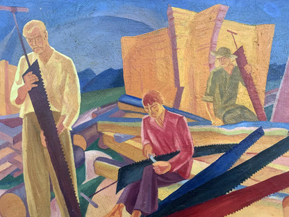 Vibrant abstract oil painting of woodworkers at construction site by V. Konotopsky