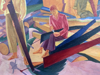 Abstract oil painting of man in pink shirt on red saw blade at construction site