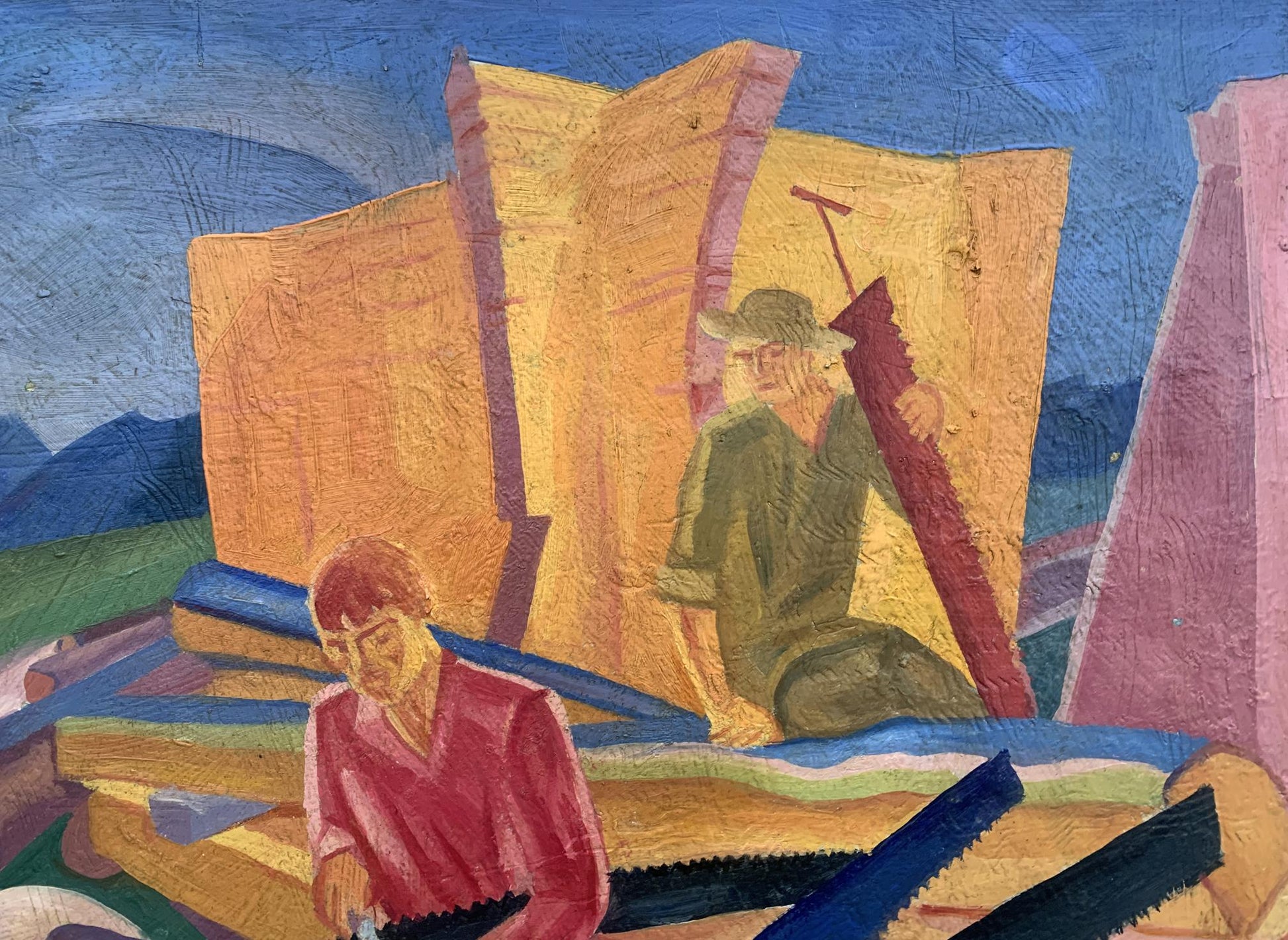 Abstract oil painting at a construction site by V. Konotopsky, inspired by Alexandr Bogomazov