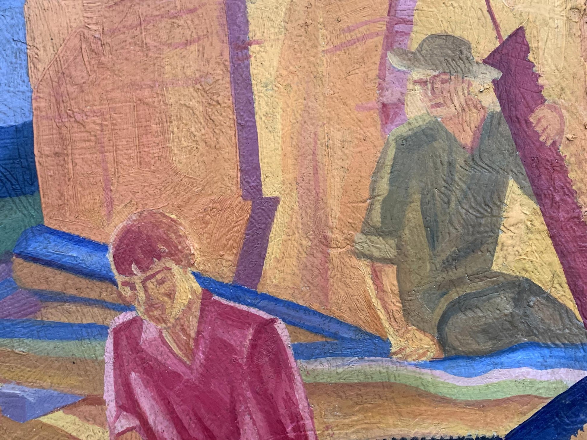 Abstract oil painting At a construction site by V. Konotopsky, textured figures