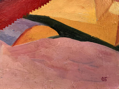 Abstract oil painting At a construction site by V. Konotopsky, bold geometric shapes