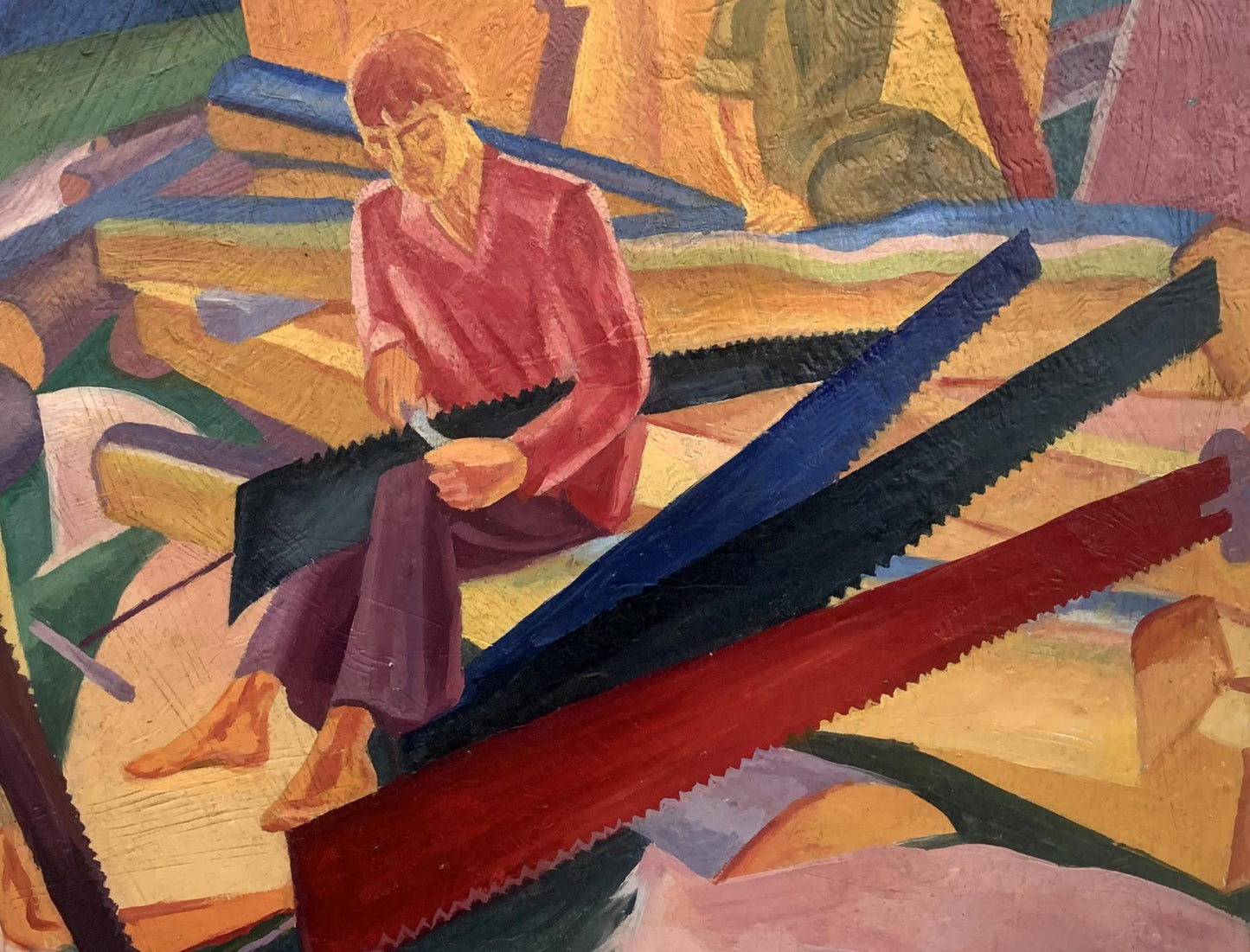 Abstract oil painting of man in red shirt at construction site by V. Konotopsky