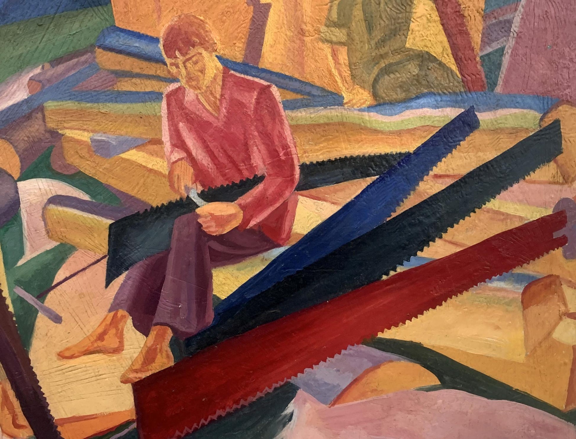 Abstract oil painting of man in red shirt at construction site by V. Konotopsky