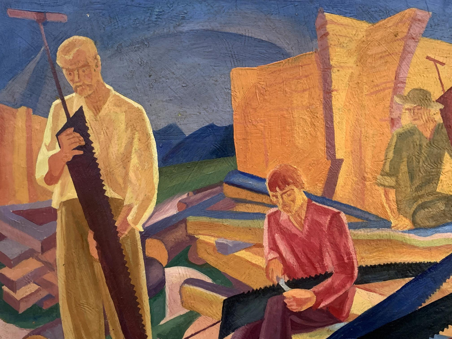 Abstract oil painting of two men sawing at construction site by V. Konotopsky