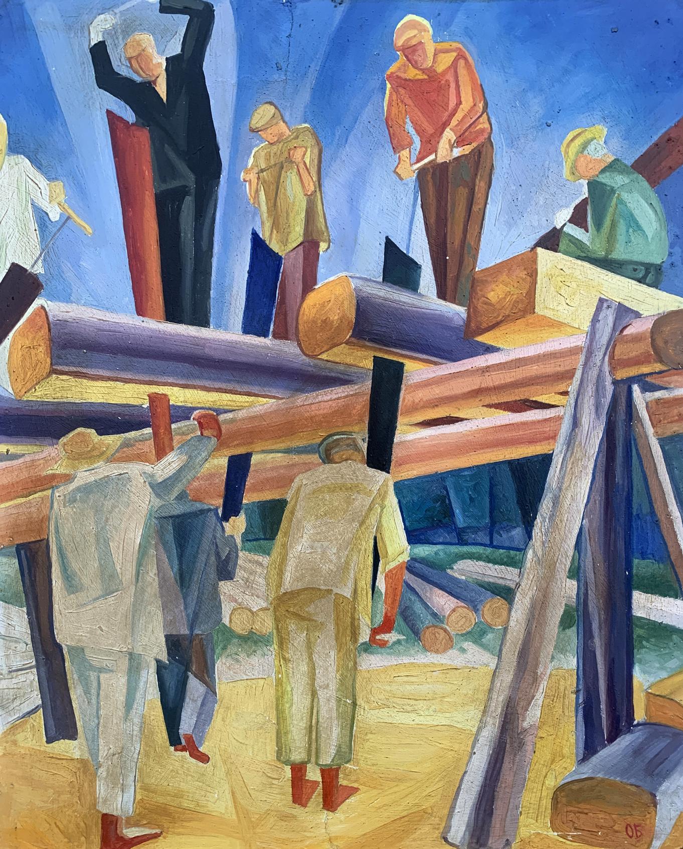 Abstract oil painting Working with wood by V. Konotopsky, vibrant log workers