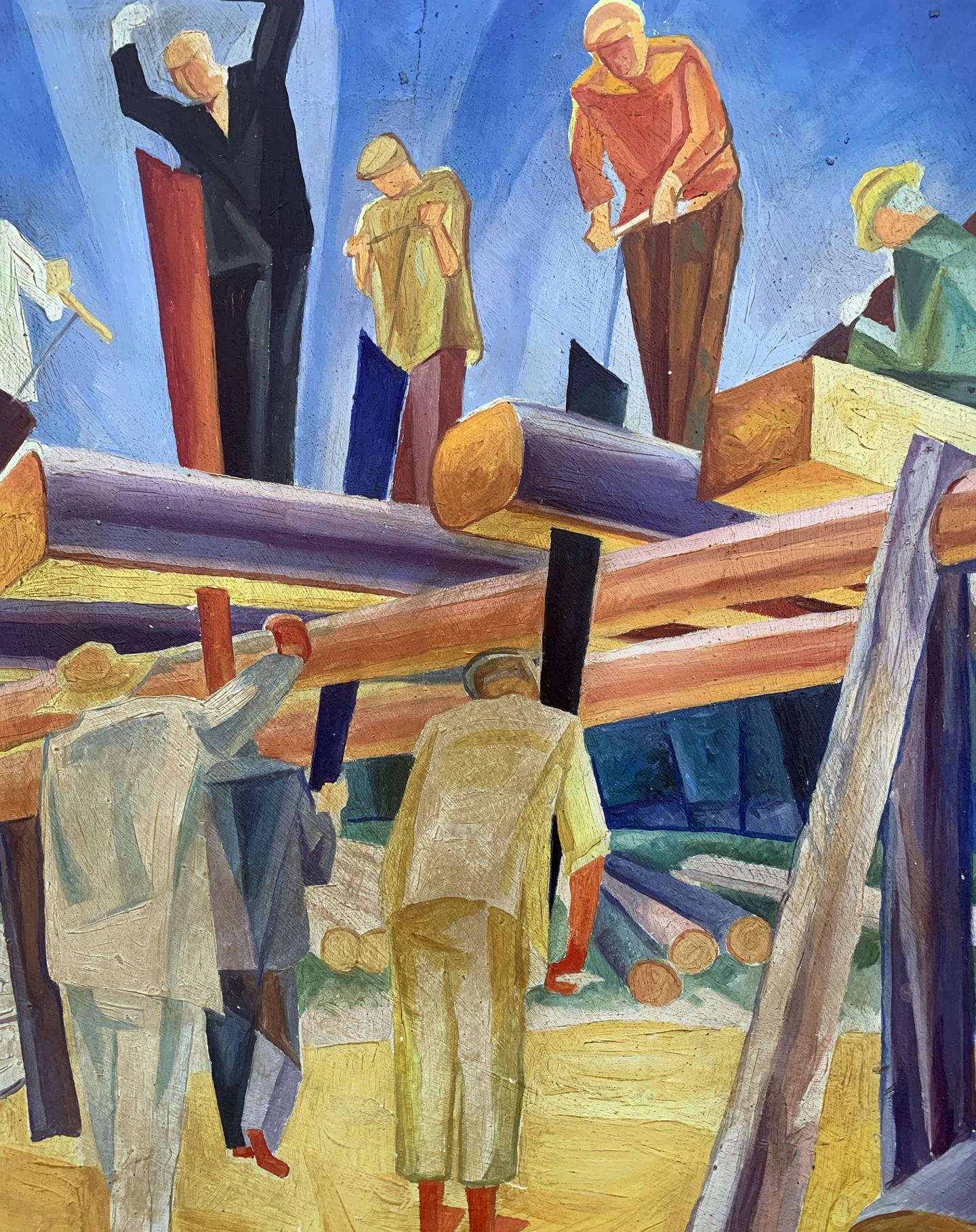Abstract oil painting Working with wood by V. Konotopsky, vibrant lumberyard scene