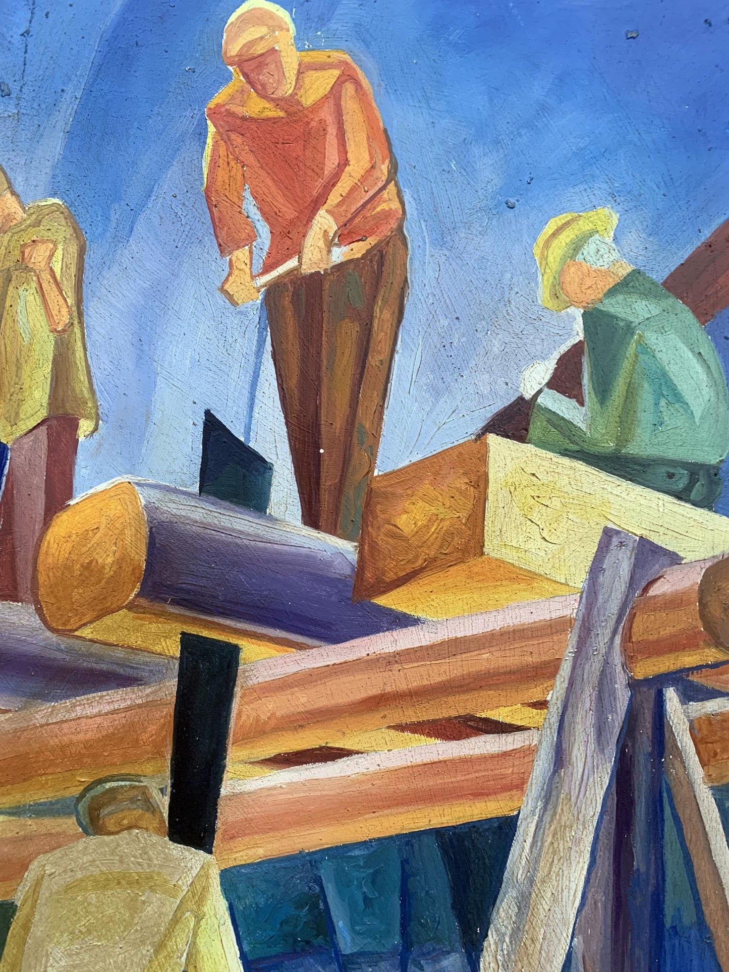 Vibrant abstract oil painting of lumberyard workers by V. Konotopsky, based on Alexandr Bogomazov