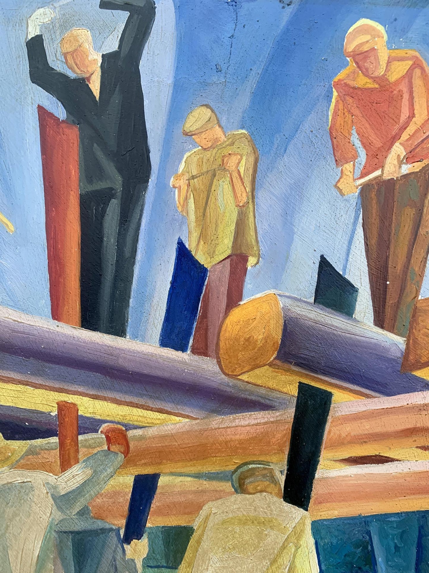 Abstract oil painting Working with wood by V. Konotopsky, Bogomazov style