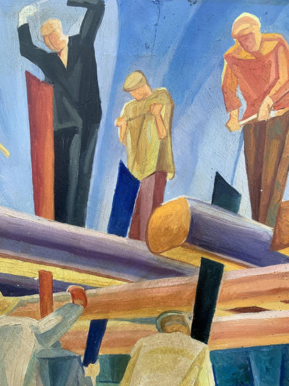 Abstract oil painting Working with wood by V. Konotopsky, Bogomazov style