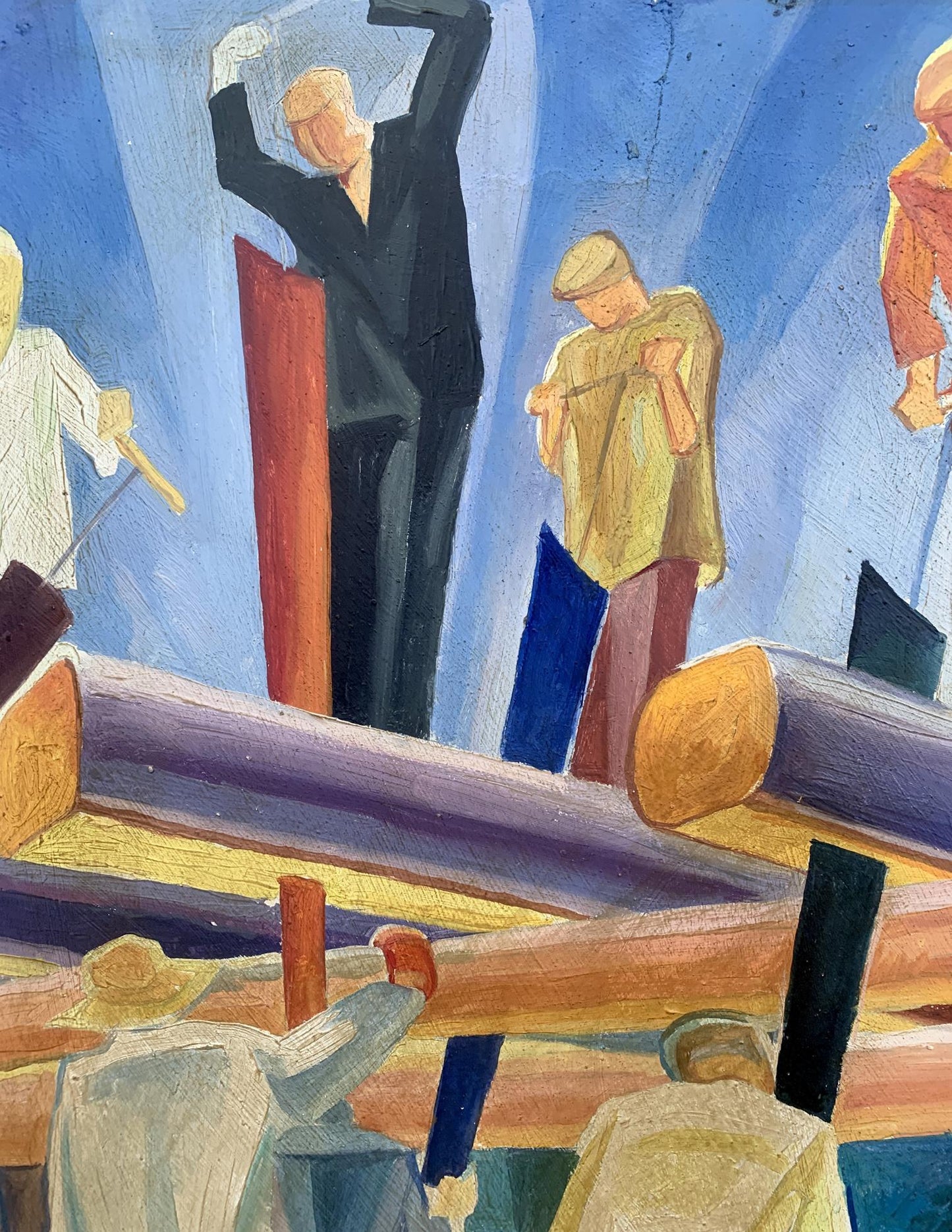 Stylized abstract oil painting of wood workers by V. Konotopsky after Bogomazov