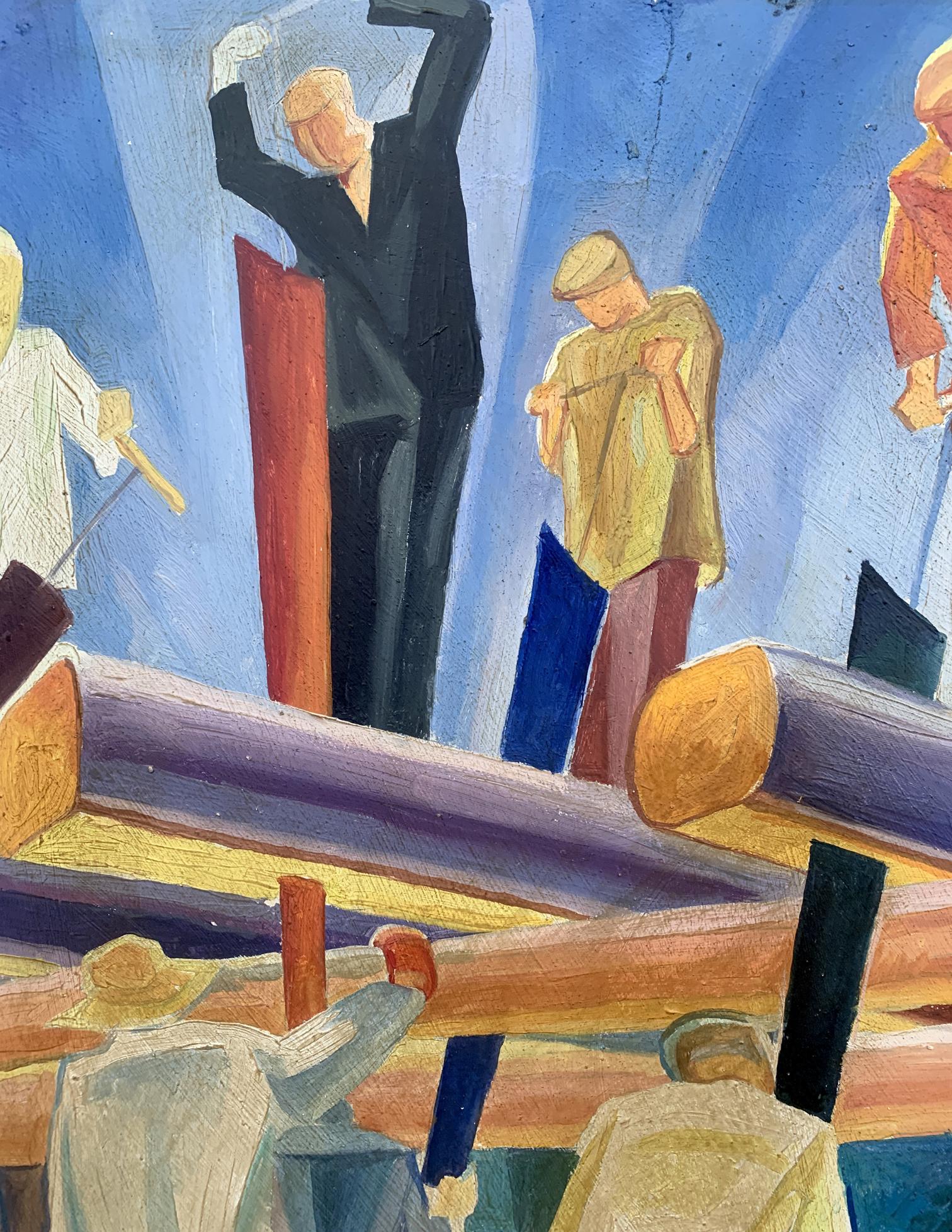 Stylized abstract oil painting of wood workers by V. Konotopsky after Bogomazov
