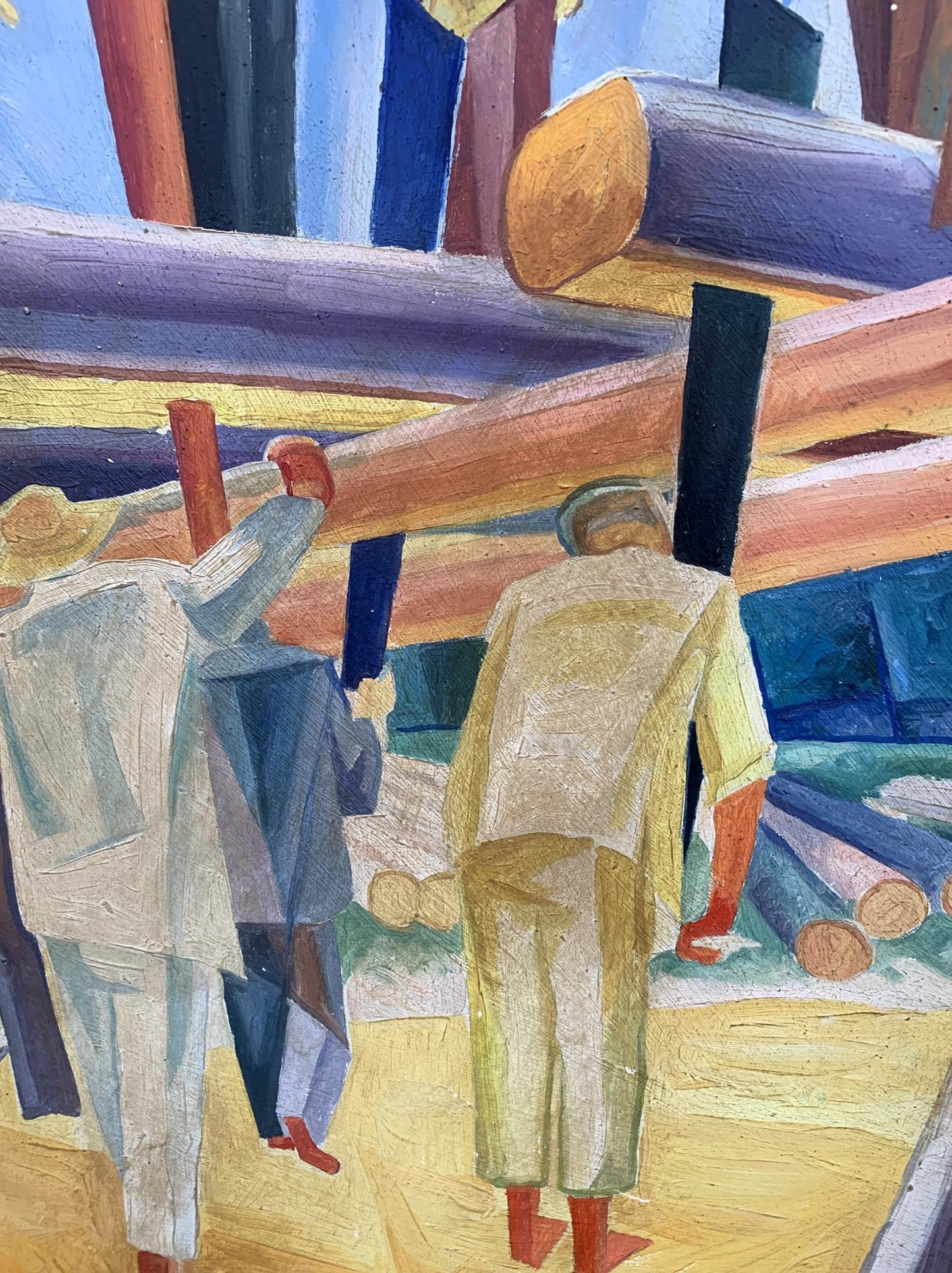 Abstract oil painting of wood workers by V. Konotopsky, Bogomazov style
