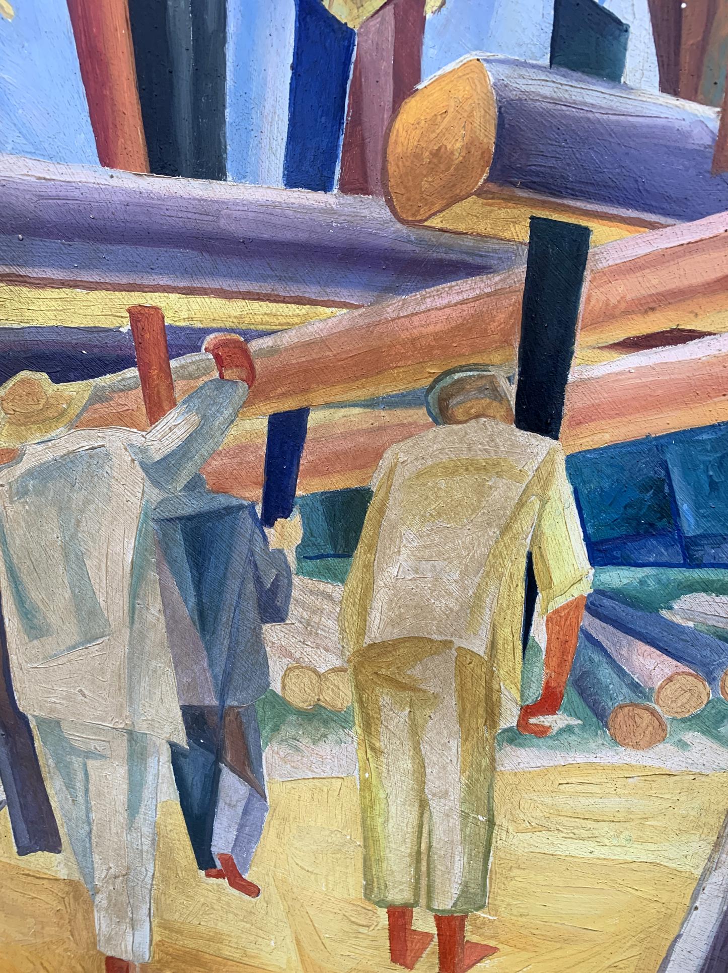 Abstract oil painting of wood workers by V. Konotopsky, Bogomazov style