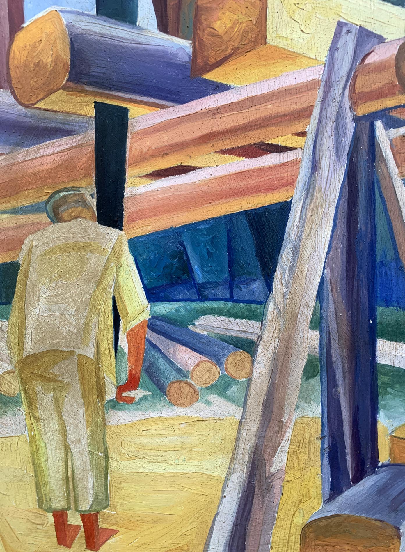Abstract oil painting of worker with wood logs by V. Konotopsky