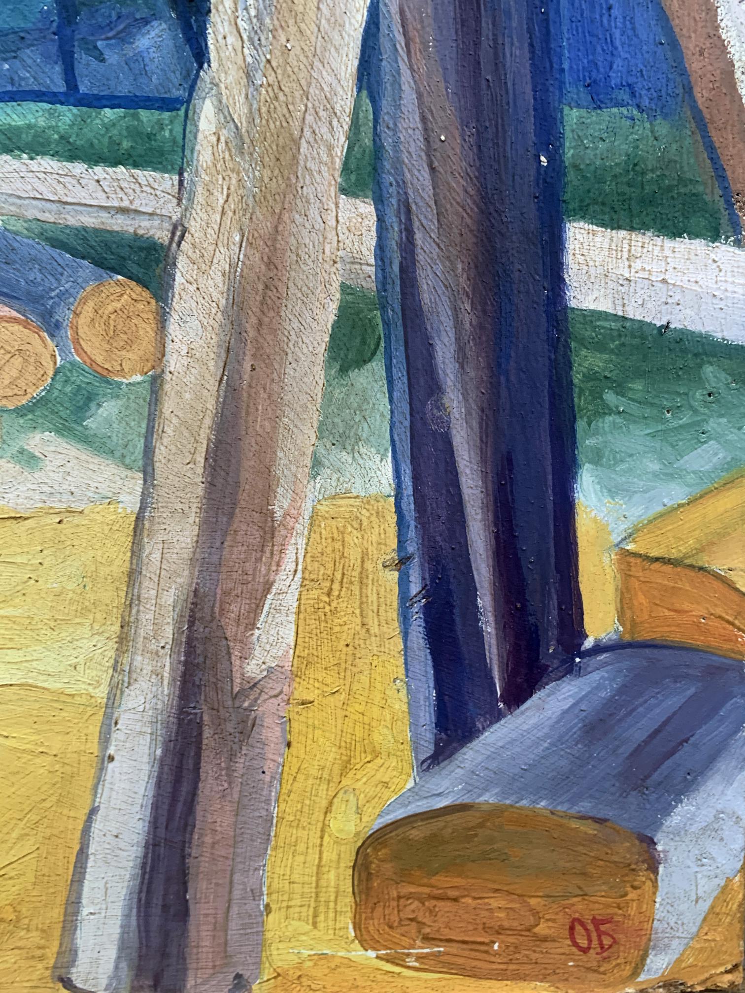 Abstract oil painting Working with wood by V. Konotopsky, textured brown and blue strokes on yellow