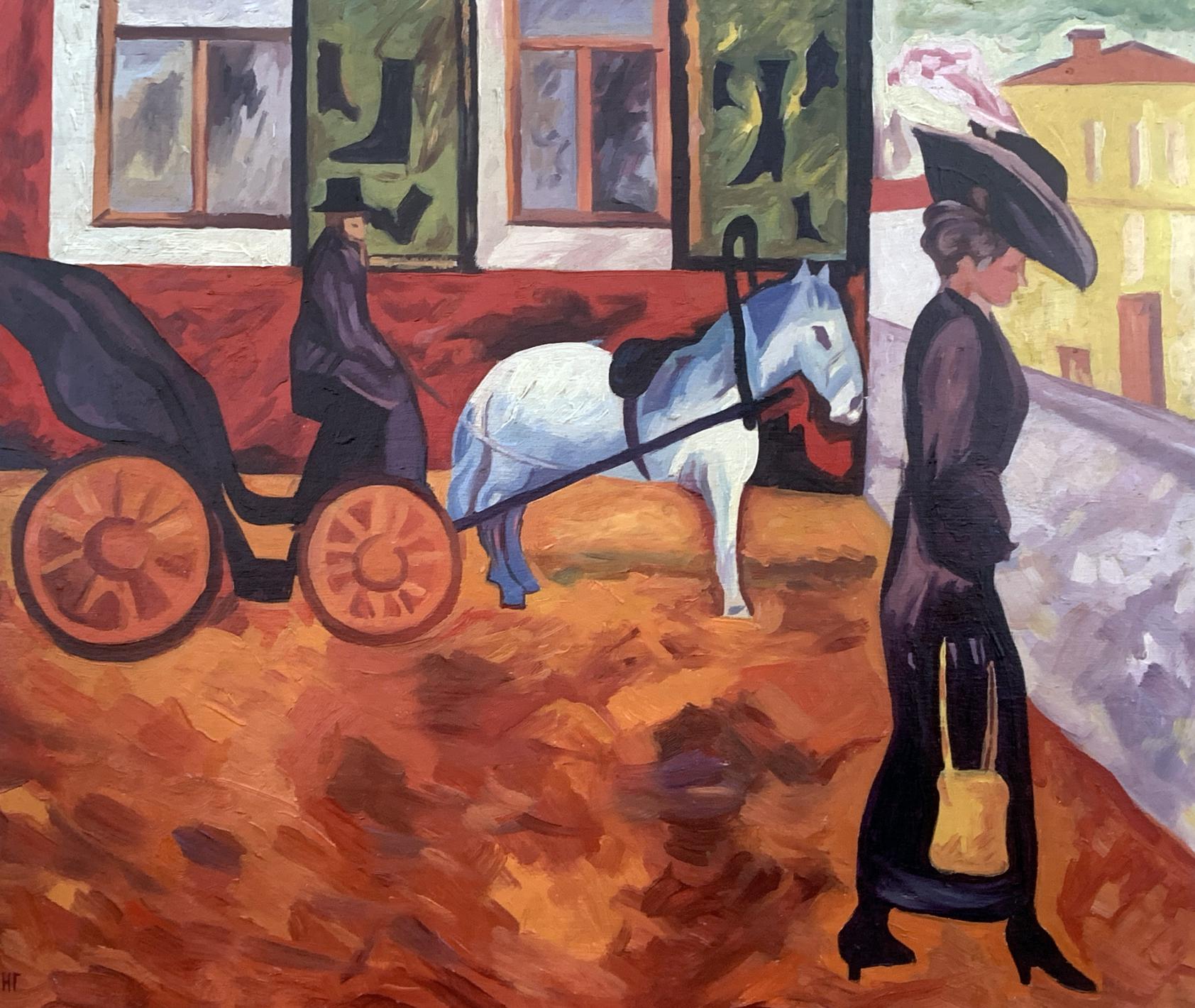 Abstract oil painting of white horse with black harness by carriage, Goncharova style