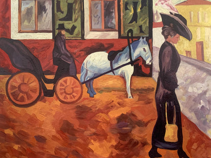 Abstract oil painting of white horse with black harness by orange-wheeled carriage by V. Konotopsky