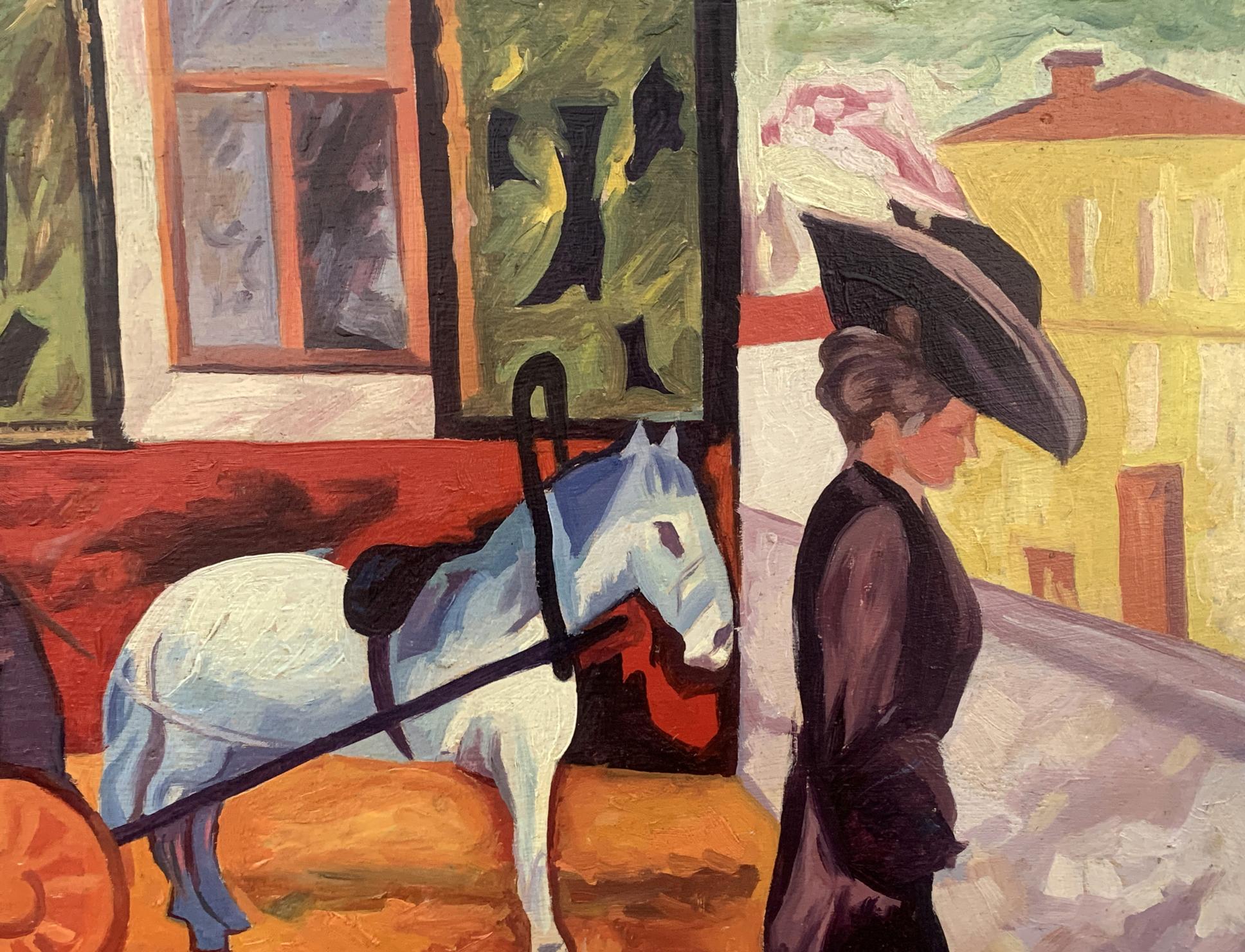 Impressionistic white horse and woman in hat, Goncharova-inspired city walk