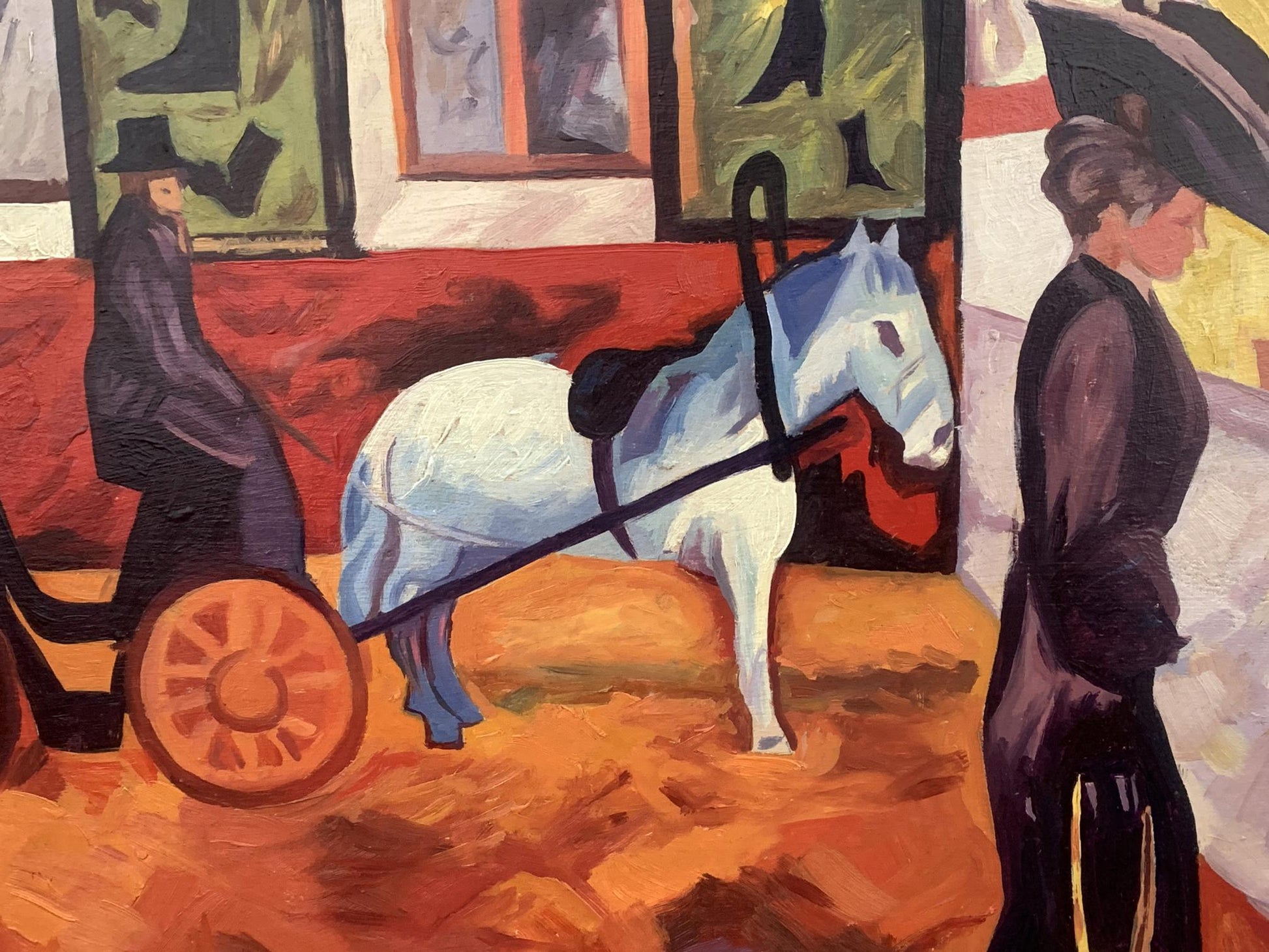 Abstract white horse with blue shading in Goncharova-inspired city carriage painting