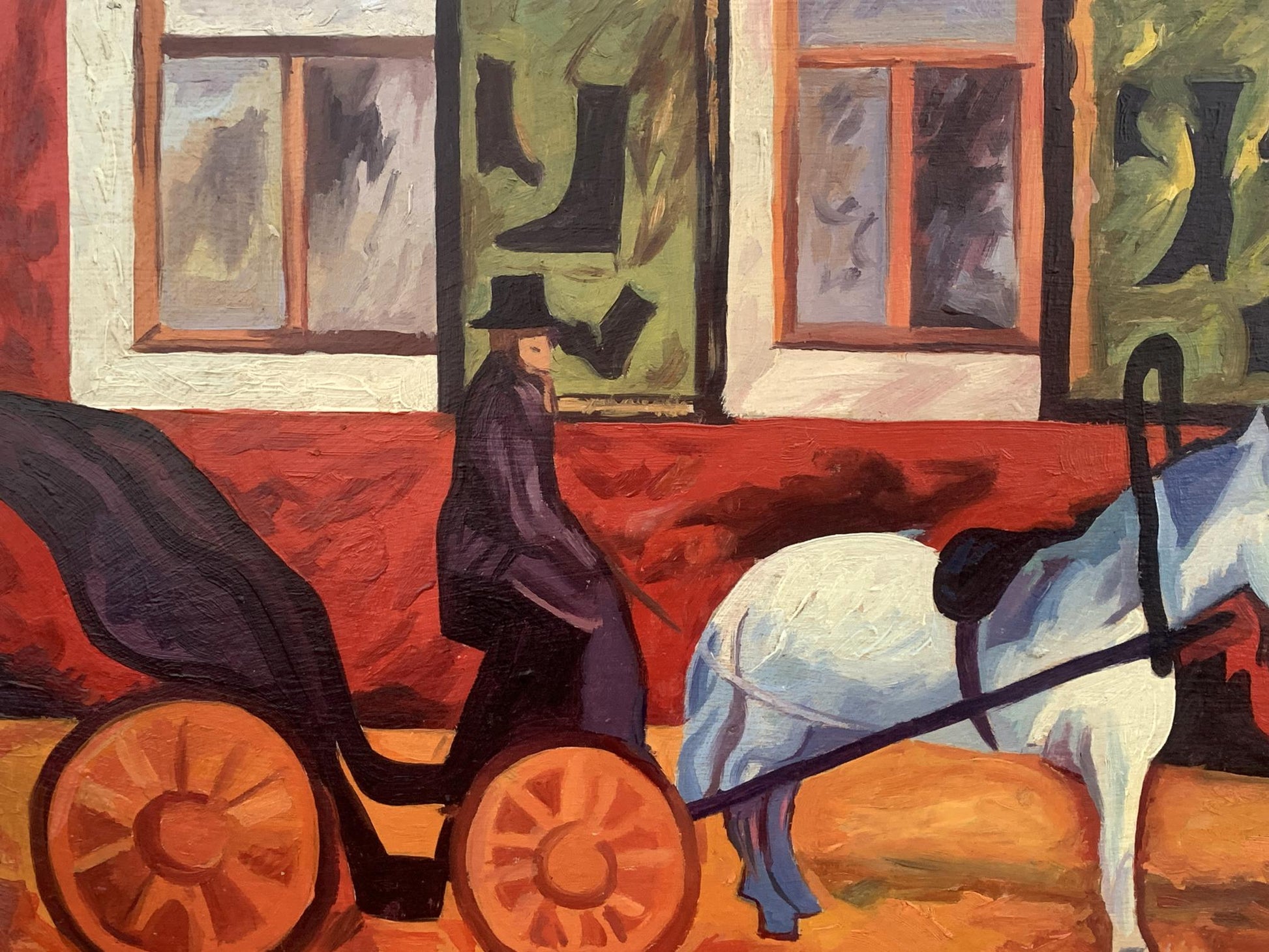 Abstract oil painting of man by white horse carriage before red building, Goncharova style