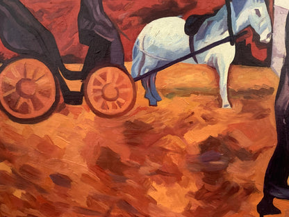 Abstract impressionistic oil painting of white horse in city by V. Konotopsky