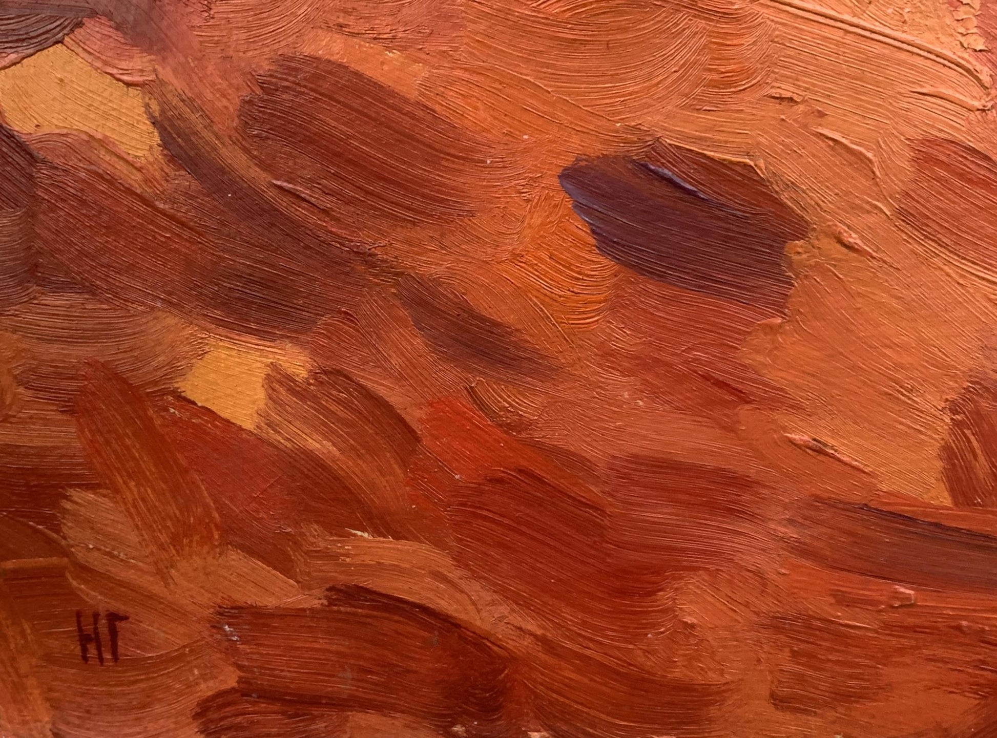 Abstract oil painting Walk around the city by V. Konotopsky in terracotta hues