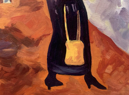 Mustard-yellow handbag with gold straps on black figure in Goncharova-inspired city painting