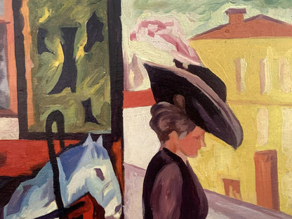 Abstract oil painting of woman in black hat by blue horse in city by V. Konotopsky
