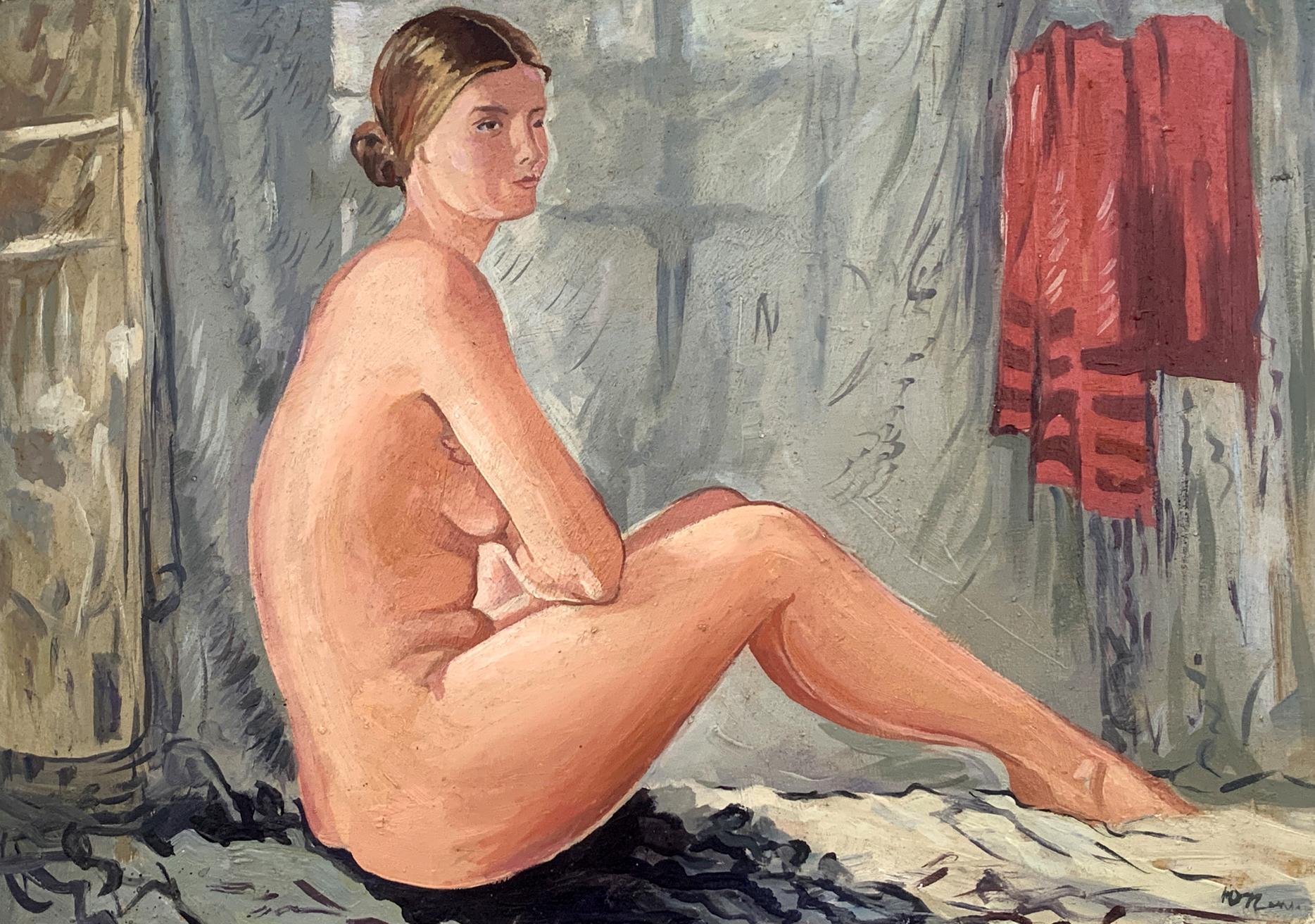 Figure woman with bun in oil painting by V. Konotopsky, peach tones on gray