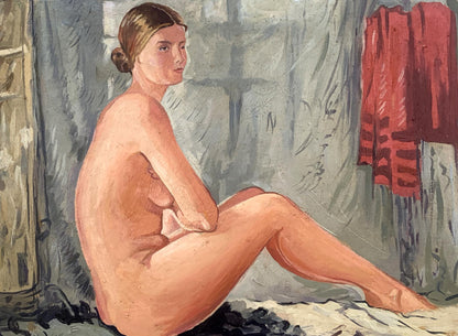 Figure woman with bun sits on floor, oil painting by V. Konotopsky, peach tones