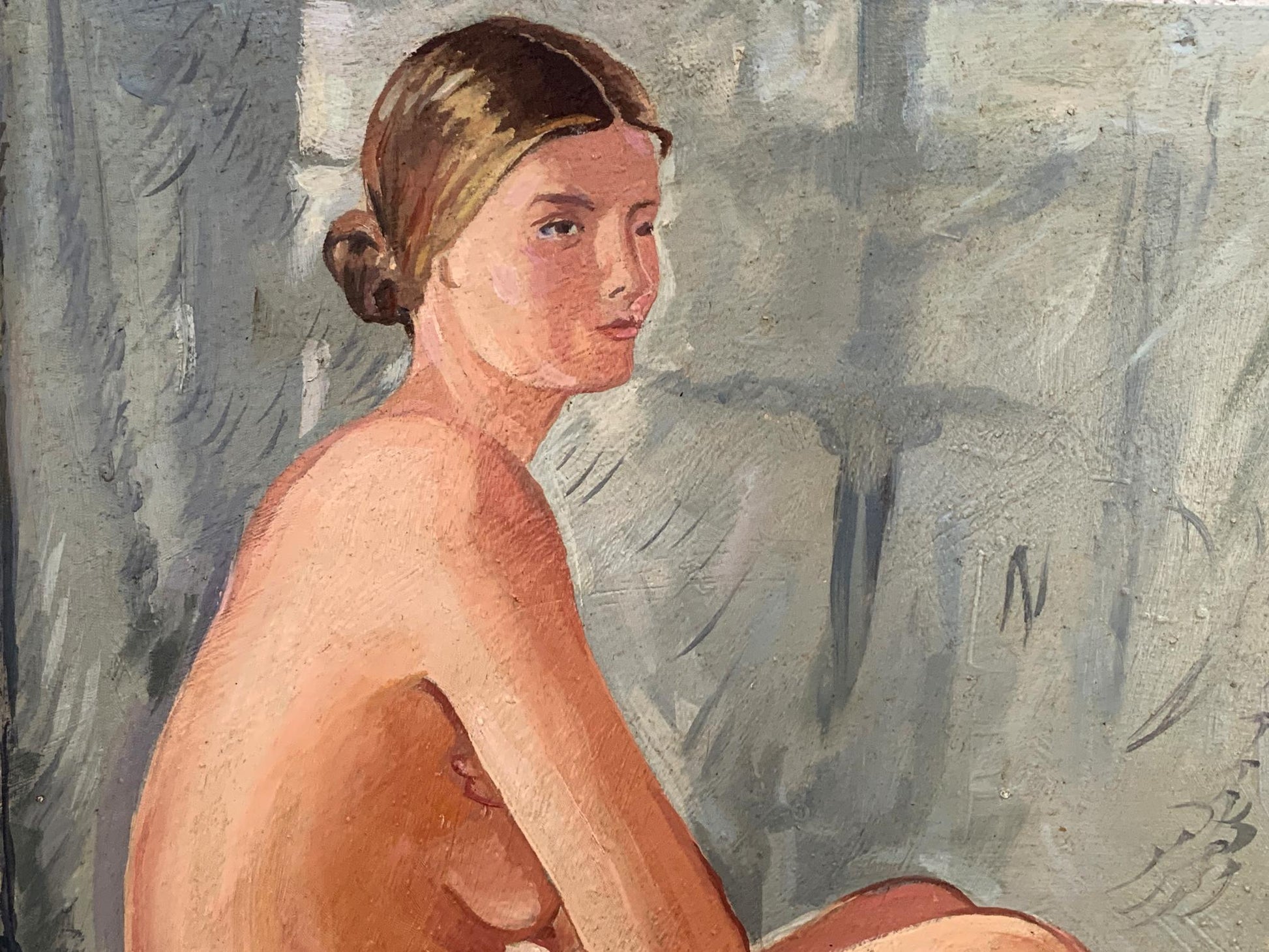 Oil painting of female figure with bun by V. Konotopsky, inspired by Yuri Pimenov