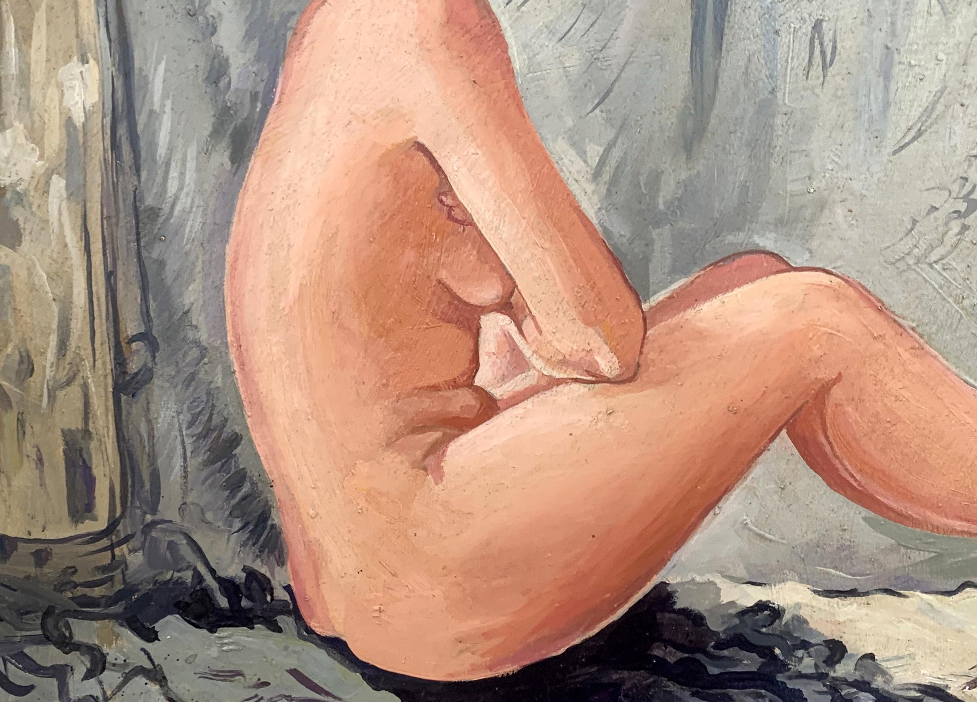 Oil painting of female figure in curled pose by V. Konotopsky, Yuri Pimenov style