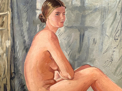 Oil painting of female figure with bun by V. Konotopsky, impressionistic peach tones