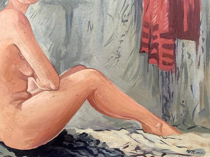 Oil painting of female figure in relaxed pose by V. Konotopsky, Yuri Pimenov style