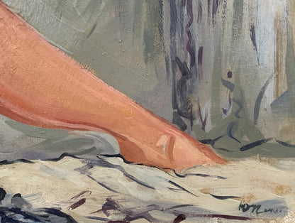 Oil painting of female figure foot on sand, Yuri Pimenov style by V. Konotopsky
