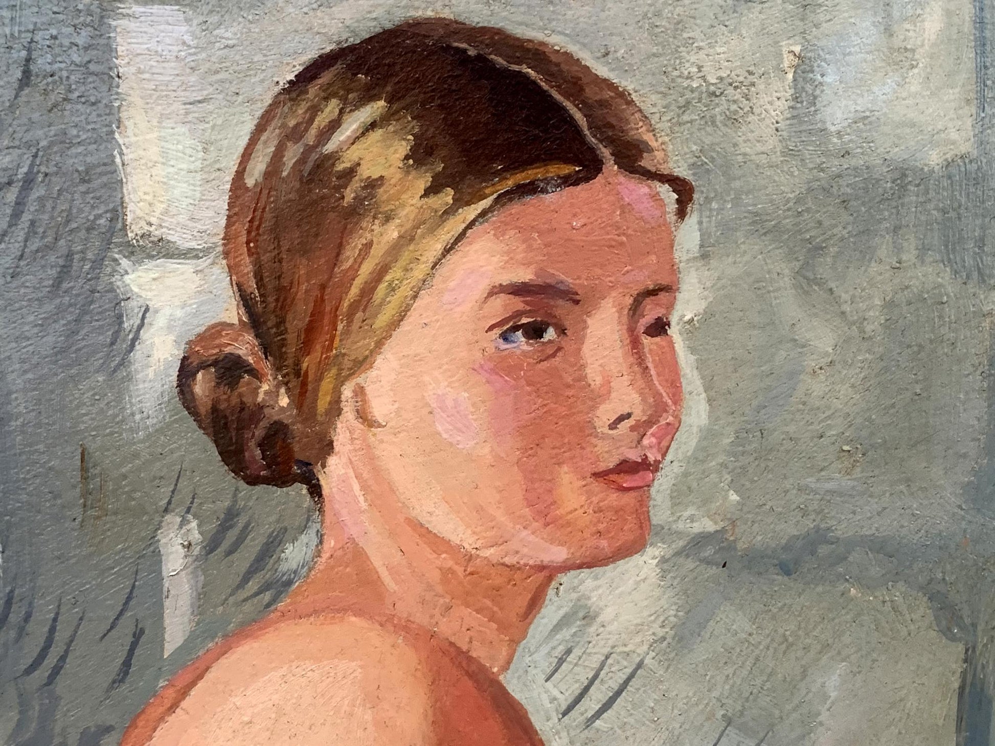 Impressionistic oil portrait of female figure by V. Konotopsky, inspired by Yuri Pimenov