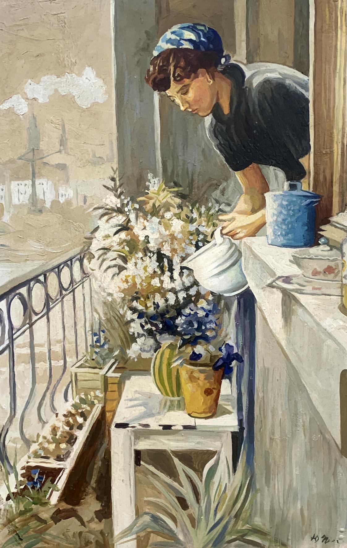 Oil painting On the Balcony by V. Konotopsky: woman waters flowers