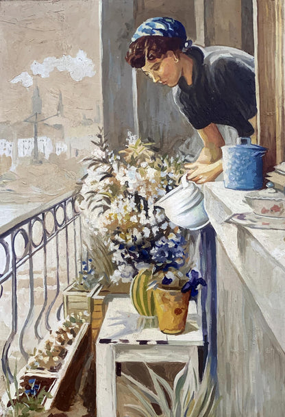 Oil painting of woman in blue headscarf watering balcony flowers by V. Konotopsky