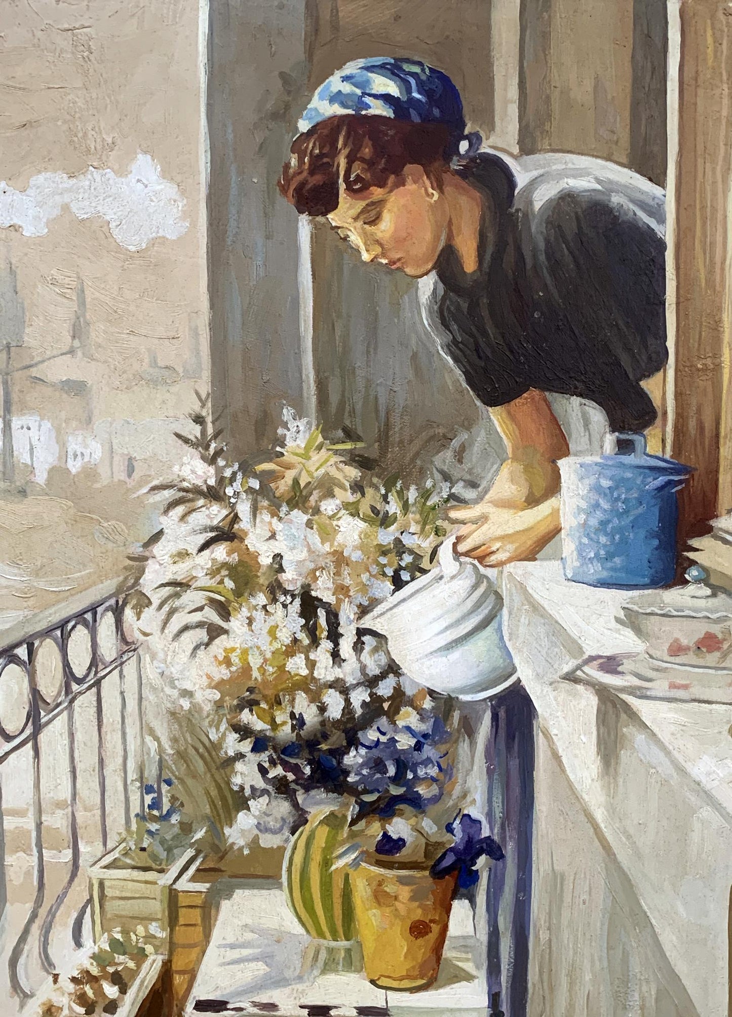Oil painting of woman in headscarf watering balcony flowers by V. Konotopsky