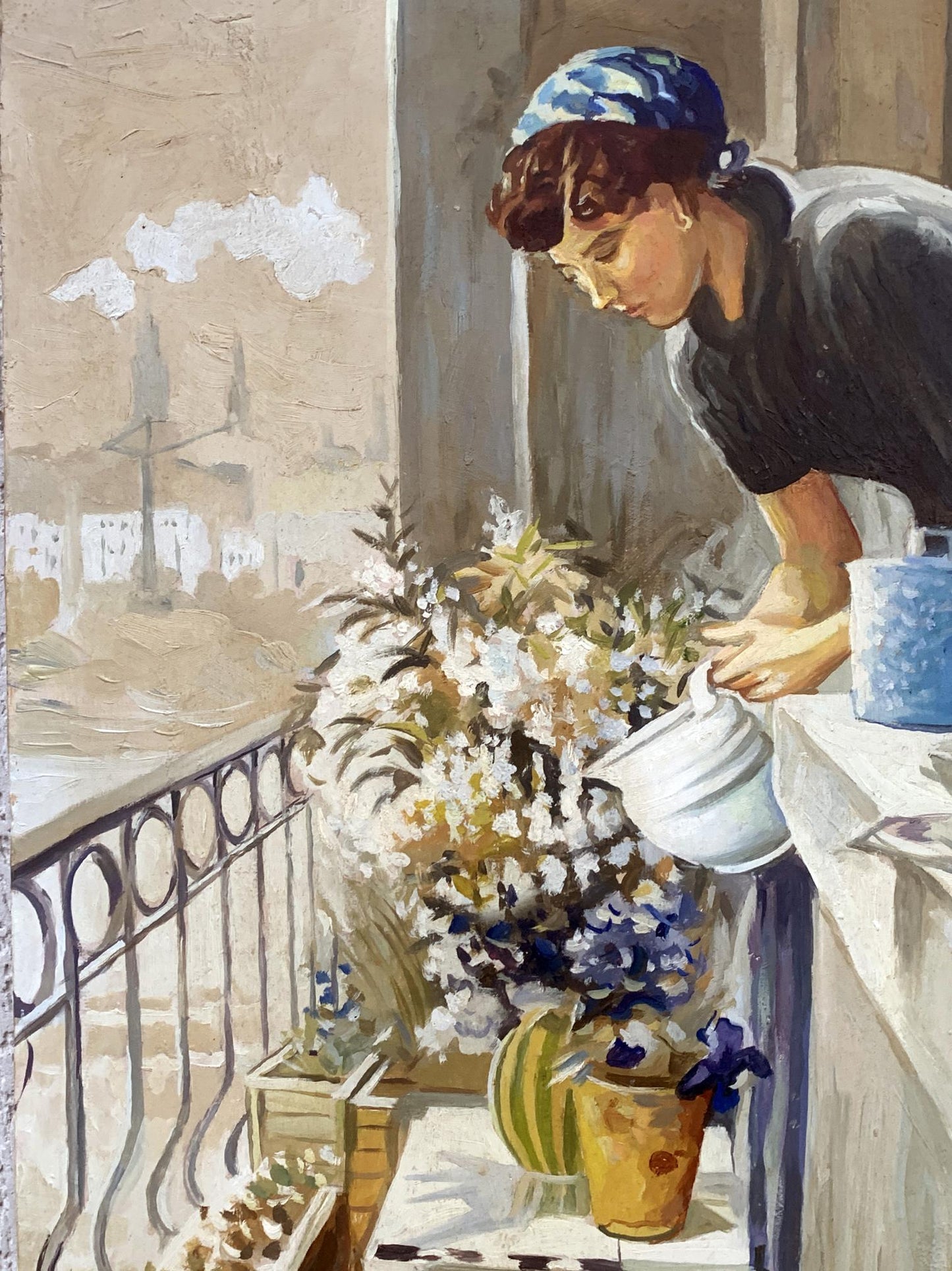 Oil painting On the balcony by V. Konotopsky: woman in blue headscarf waters flowers