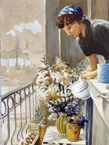 Oil painting On the balcony by V. Konotopsky: woman in blue headscarf waters flowers