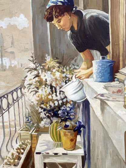 Oil painting On the Balcony by Yuri Pimenov V. Konotopsky: woman in blue headscarf waters flowers