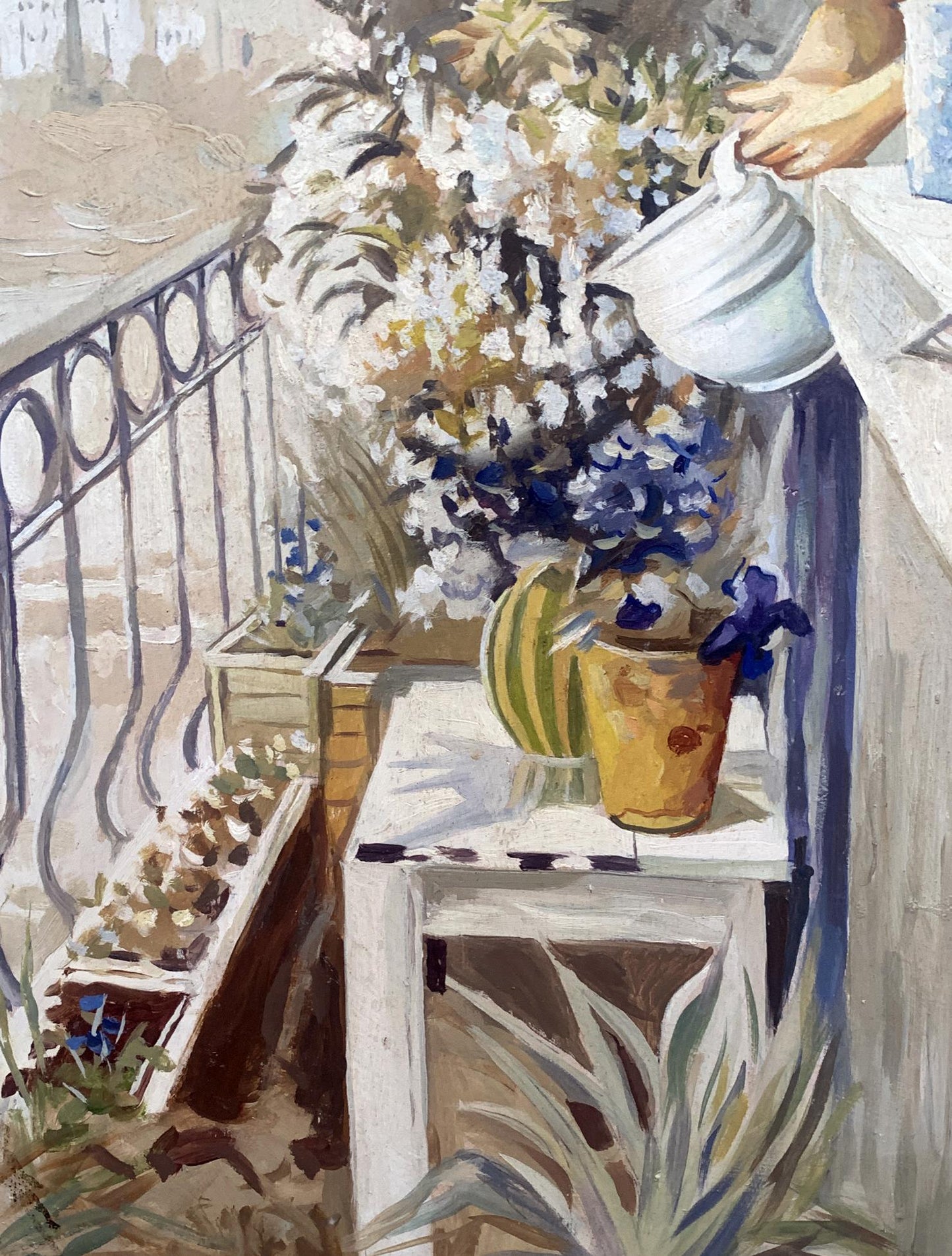 Oil painting of vibrant white blue flowers in terracotta pot on balcony by V. Konotopsky