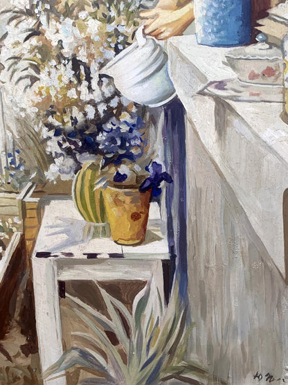 Oil painting On the balcony by Yuri Pimenov V. Konotopsky with yellow vase and blue white flowers