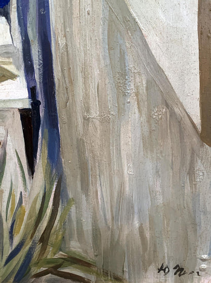 Oil painting On the balcony by Yuri Pimenov V. Konotopsky textured off-white fabric