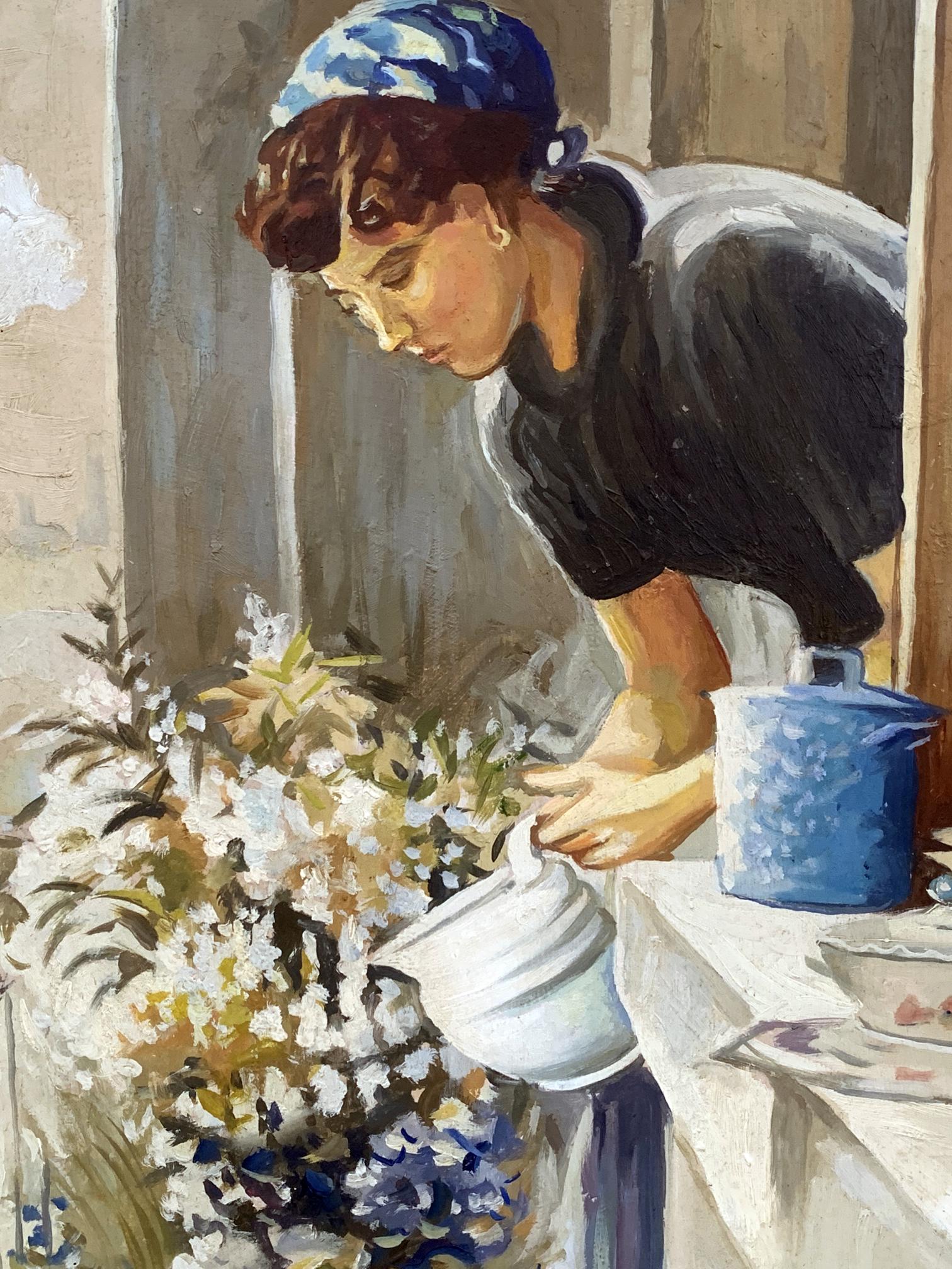 Oil painting On the Balcony by V. Konotopsky: woman in headscarf waters flowers