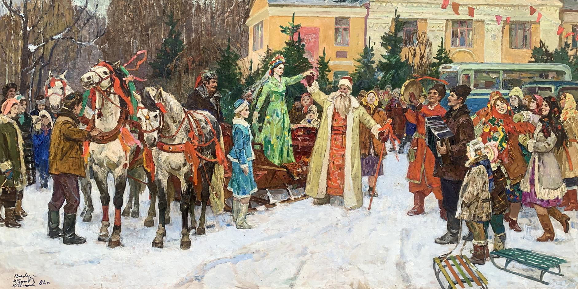 Oil painting of Santa Claus by Weissburg Efim Efimovich in festive winter scene