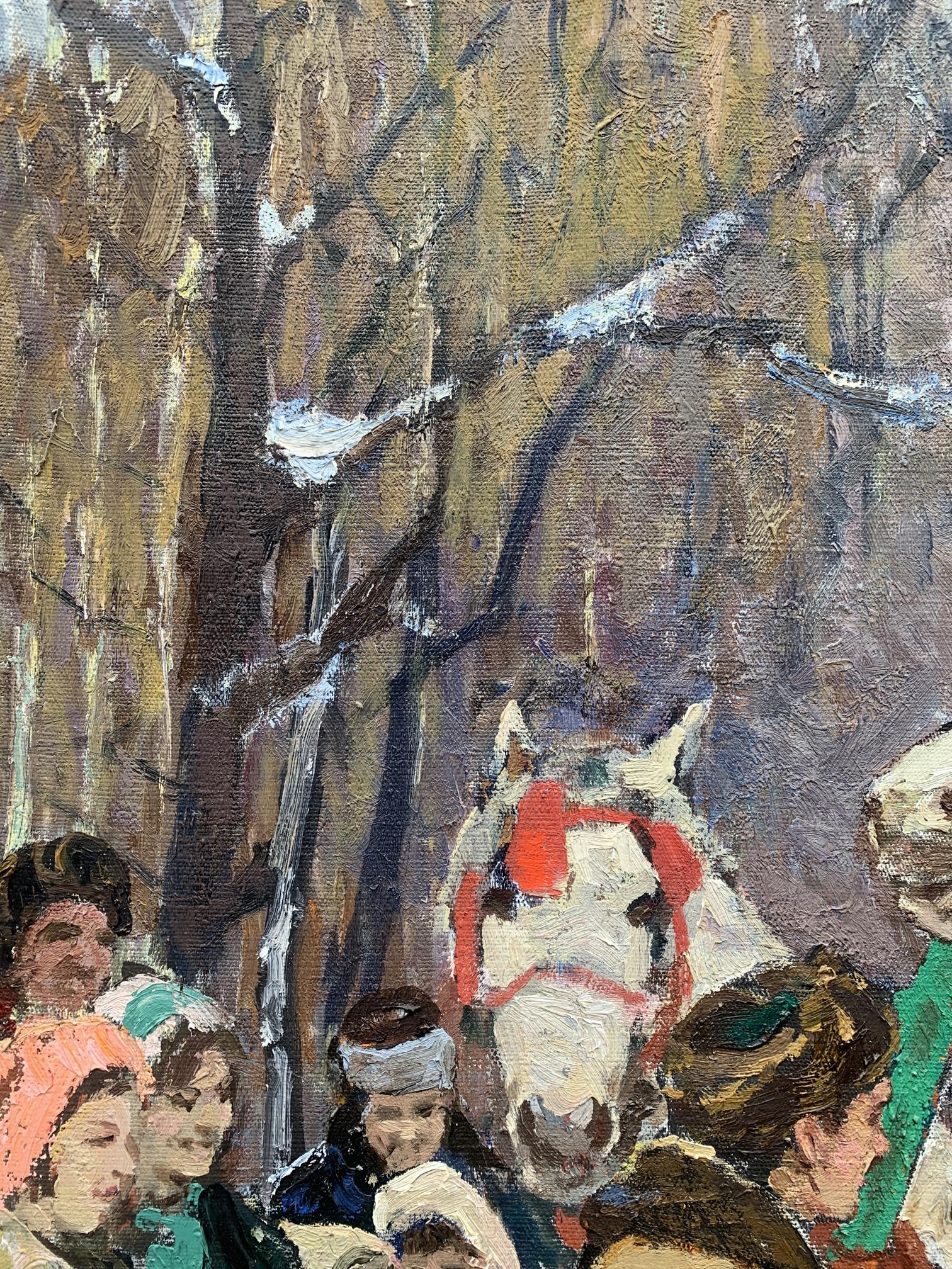Oil painting of Santa Claus by Weissburg Efim Efimovich: white horse with red black bridle among crowd
