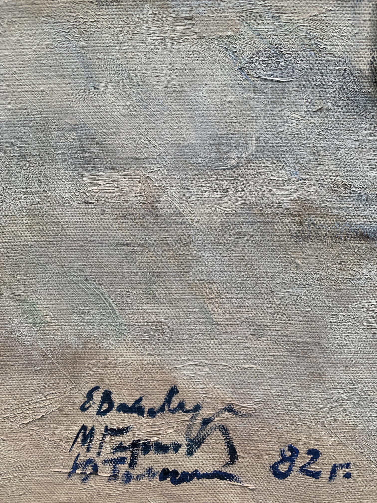 Back of Oil painting Santa Claus Weissburg by Efim Efimovich, gray canvas with blue signature