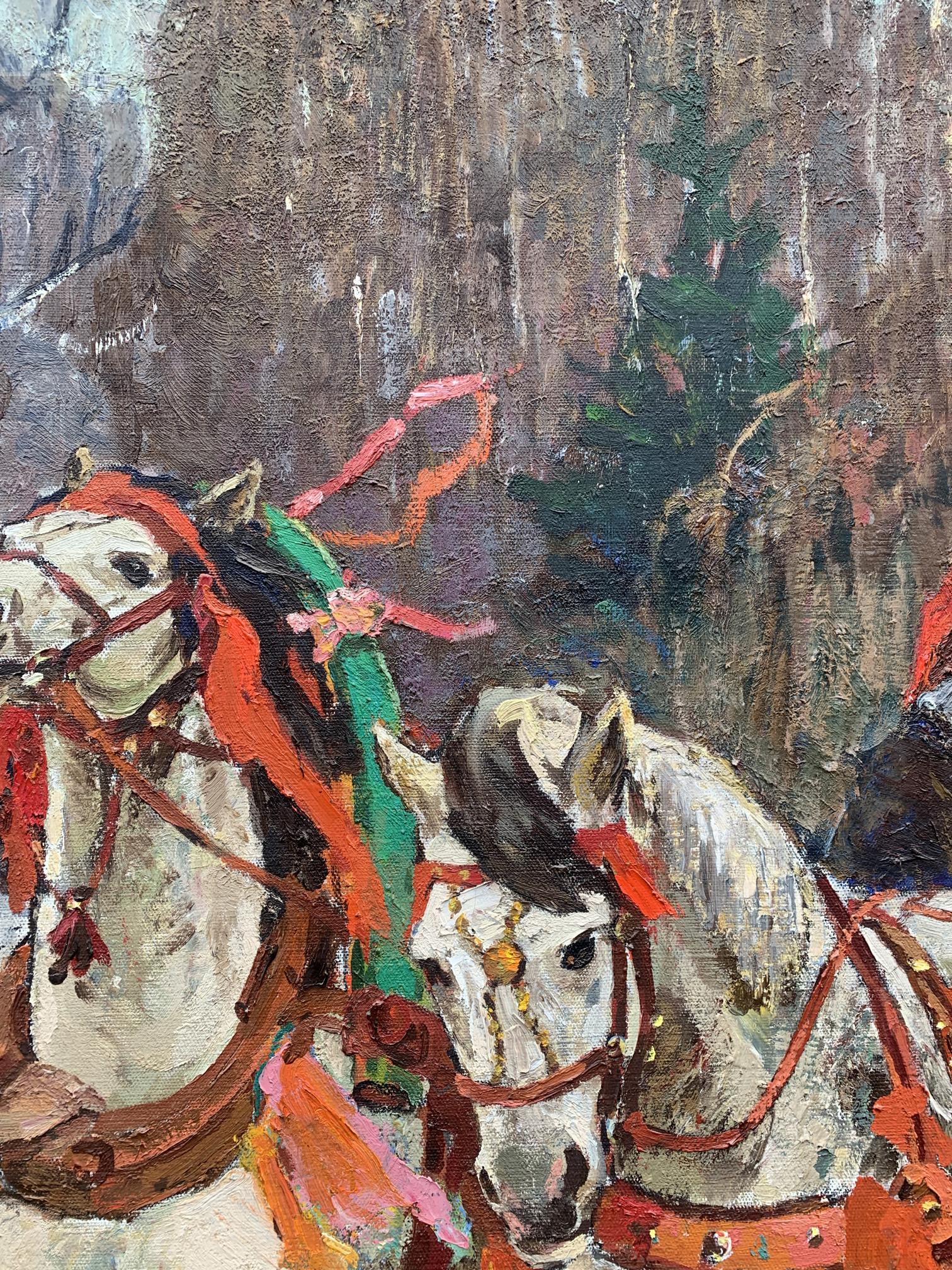 Oil painting of two white horses in red green harnesses by Santa Claus Weissburg Efim Efimovich